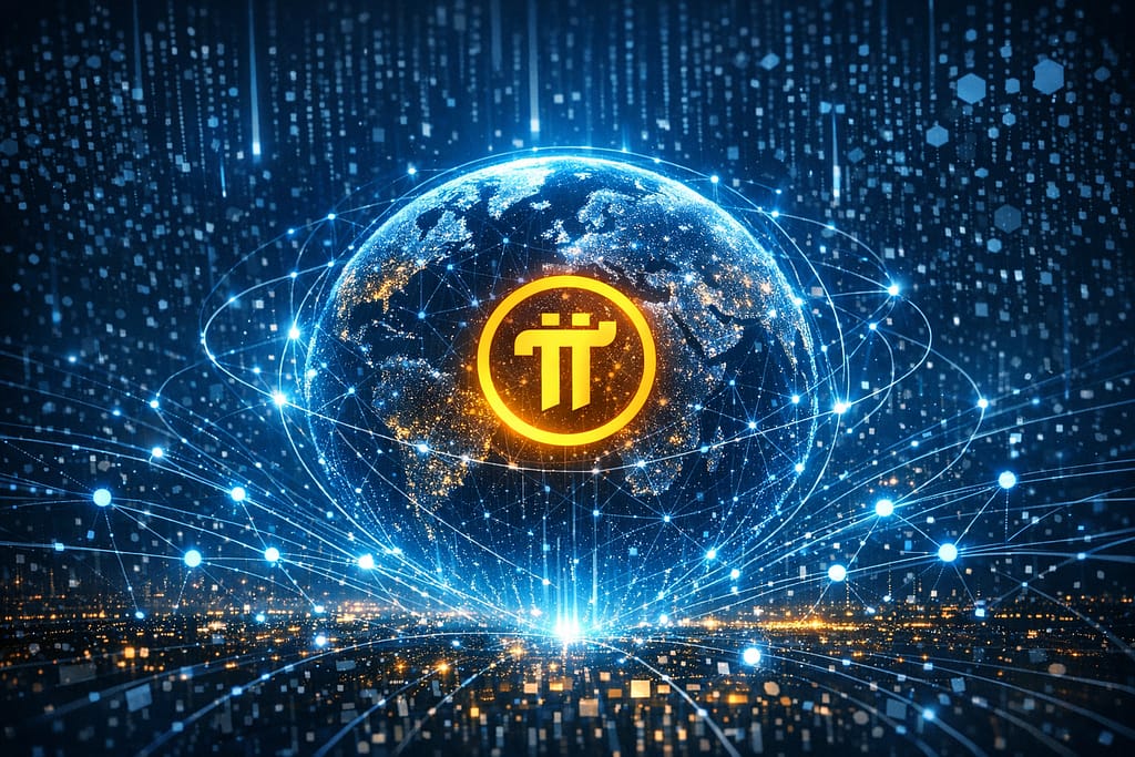 Futuristic decentralized Pi Network visual with glowing blue data nodes radiating from the central Pi symbol across a digital world map