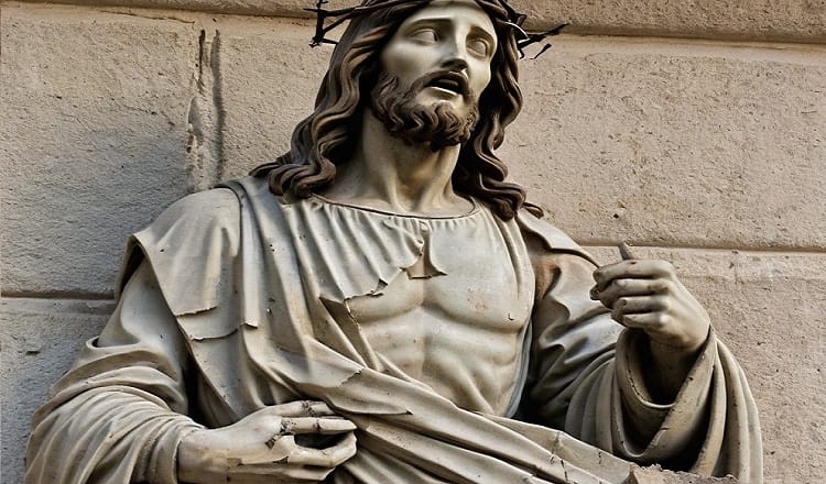 Damaged statue of Jesus in southern Lebanon after recent conflict. A damaged statue of Jesus with broken features and visible cracks, standing amid rubble and debris in a conflict‑scarred area, symbolizing the destruction and tension unfolding in southern Lebanon.