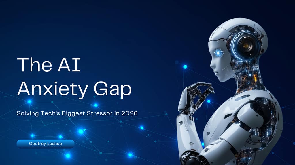 Humanoid robot with glowing blue eyes surrounded by digital network lines, symbolizing artificial intelligence and technological anxiety.