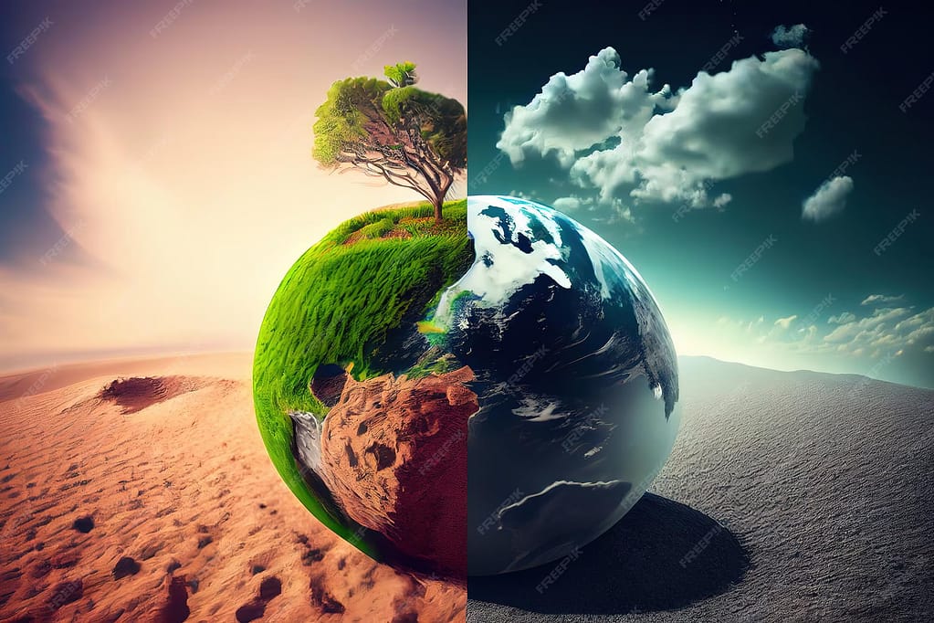 Split Earth illustration showing a dry, desertified landscape on one side and a lush, green environment on the other, symbolizing climate change and the planet’s environmental imbalance