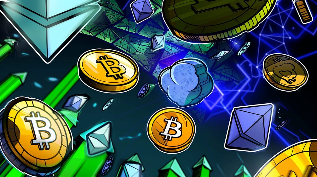 Digital illustration of Bitcoin and Ethereum symbols with rising green arrows and a blockchain network background, representing cryptocurrency growth and market momentum.
