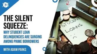 Graphic highlighting the surge in student loan delinquencies among prime borrowers, featuring currency, coins, and a note labeled ‘Student Loans’ with a sad face.