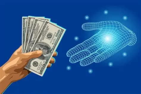 Human hand holding U.S. dollar bills reaching toward a digital wireframe hand, symbolizing the shift from cash to digital financial transactions