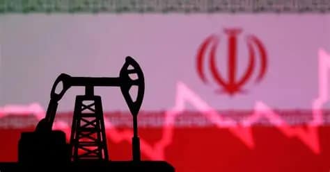 Silhouette of an oil pumpjack in front of Iran’s national emblem with financial market lines in the background, symbolizing the impact of U.S.–Iran tensions on global oil prices
