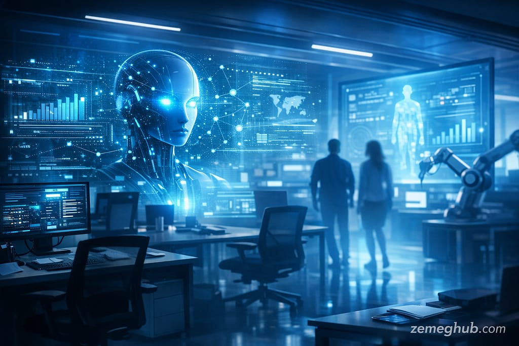 “Futuristic AI‑powered office illuminated in blue light, showing holographic artificial intelligence head, robotic arms, and human silhouettes observing data screens — symbolizing automation and the transformation of modern workplaces.
