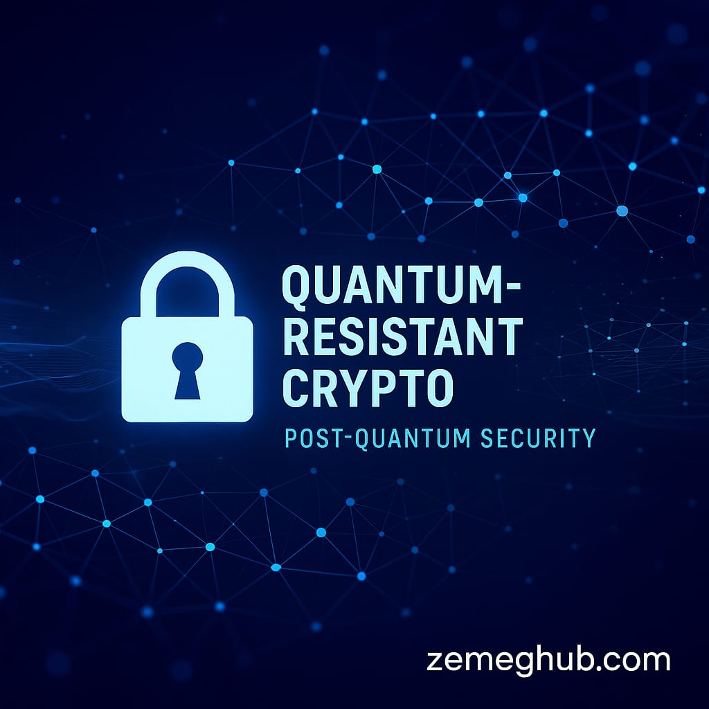 Abstract quantum‑themed blockchain illustration showing cryptographic nodes and digital lattice structures, representing post‑quantum security