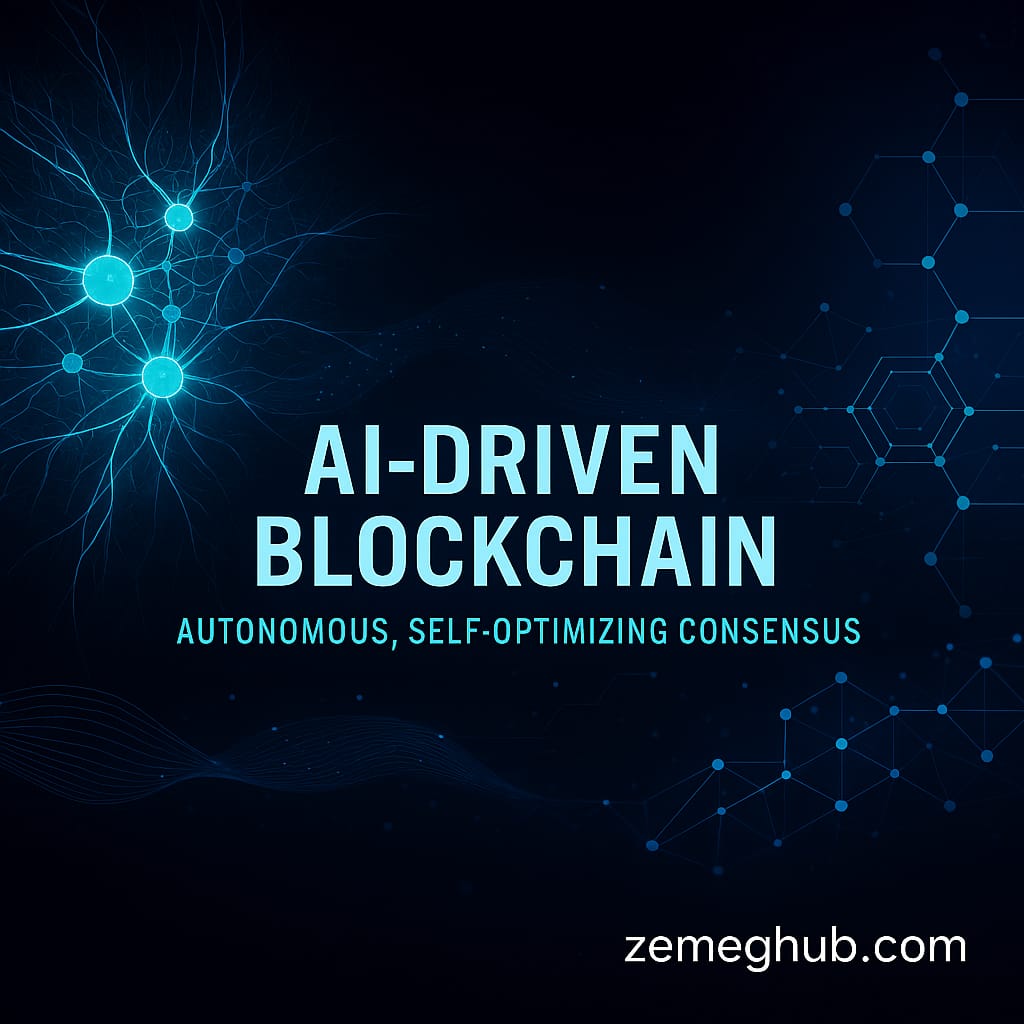 Futuristic AI‑blockchain illustration with neural patterns, digital nodes and glowing consensus structures, featuring zemeghub.com at the bottom.