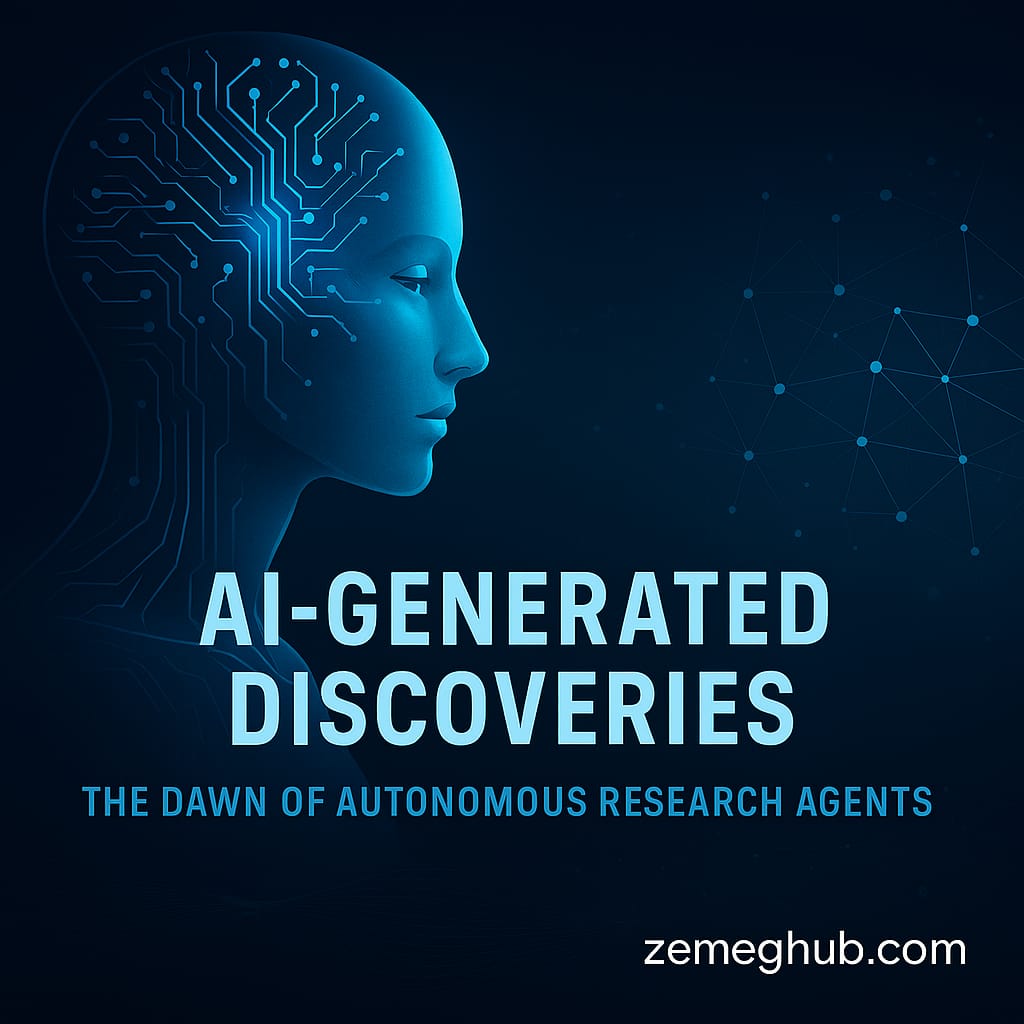AI‑themed scientific illustration showing a neural‑network humanoid and a cosmic research grid, with zemeghub.com at the bottom
