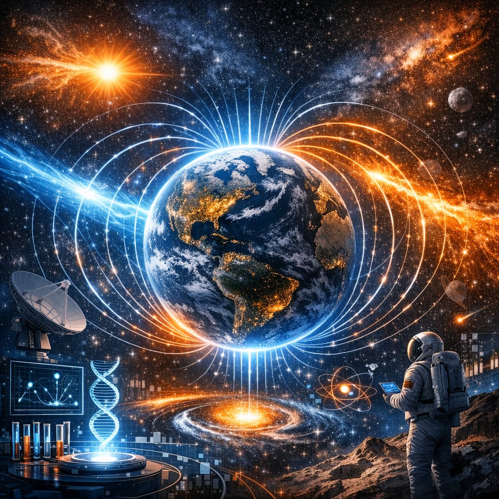 Realistic futuristic visualization of Earth’s magnetic field interacting with cosmic energy streams and digital data grids, symbolizing the silent scientific revolution beneath our planet.