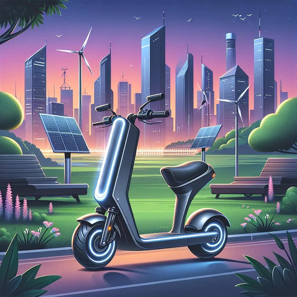 Futuristic micromobility scene with electric scooters and e‑bikes moving through a modern cityscape, symbolizing agile and sustainable urban transportation.