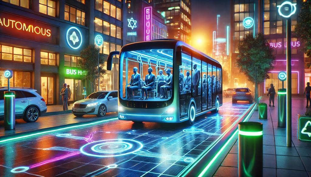 Futuristic public transit system with autonomous electric buses and adaptive city infrastructure, symbolizing AI‑driven urban mobility.