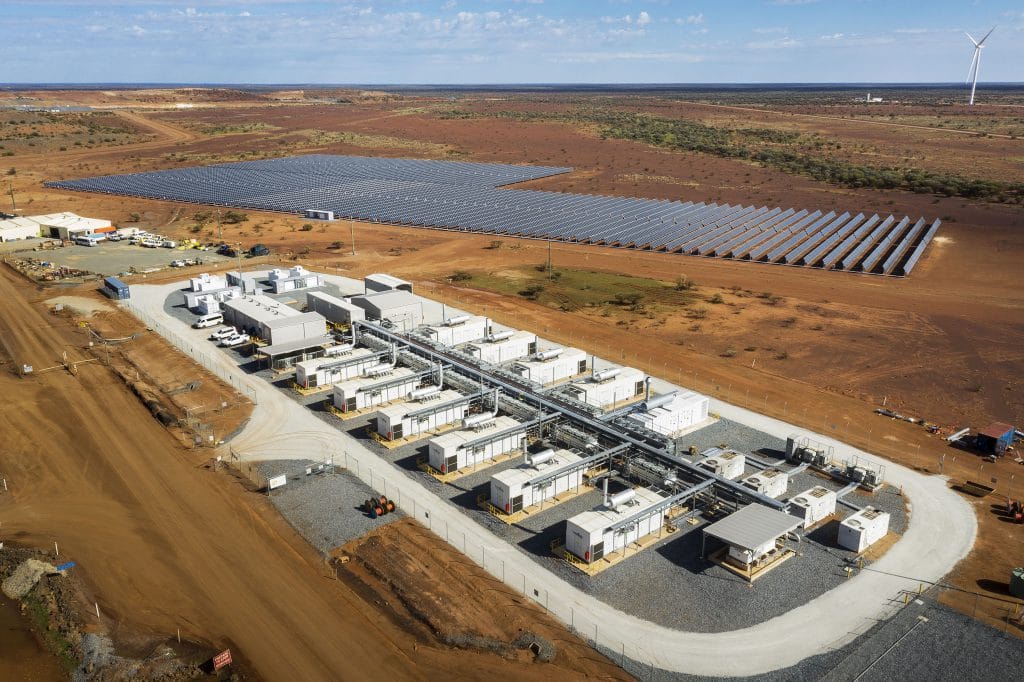 The renewable microgrid system in Onslow, Western Australia, featuring solar panels and battery storage powering the entire town.