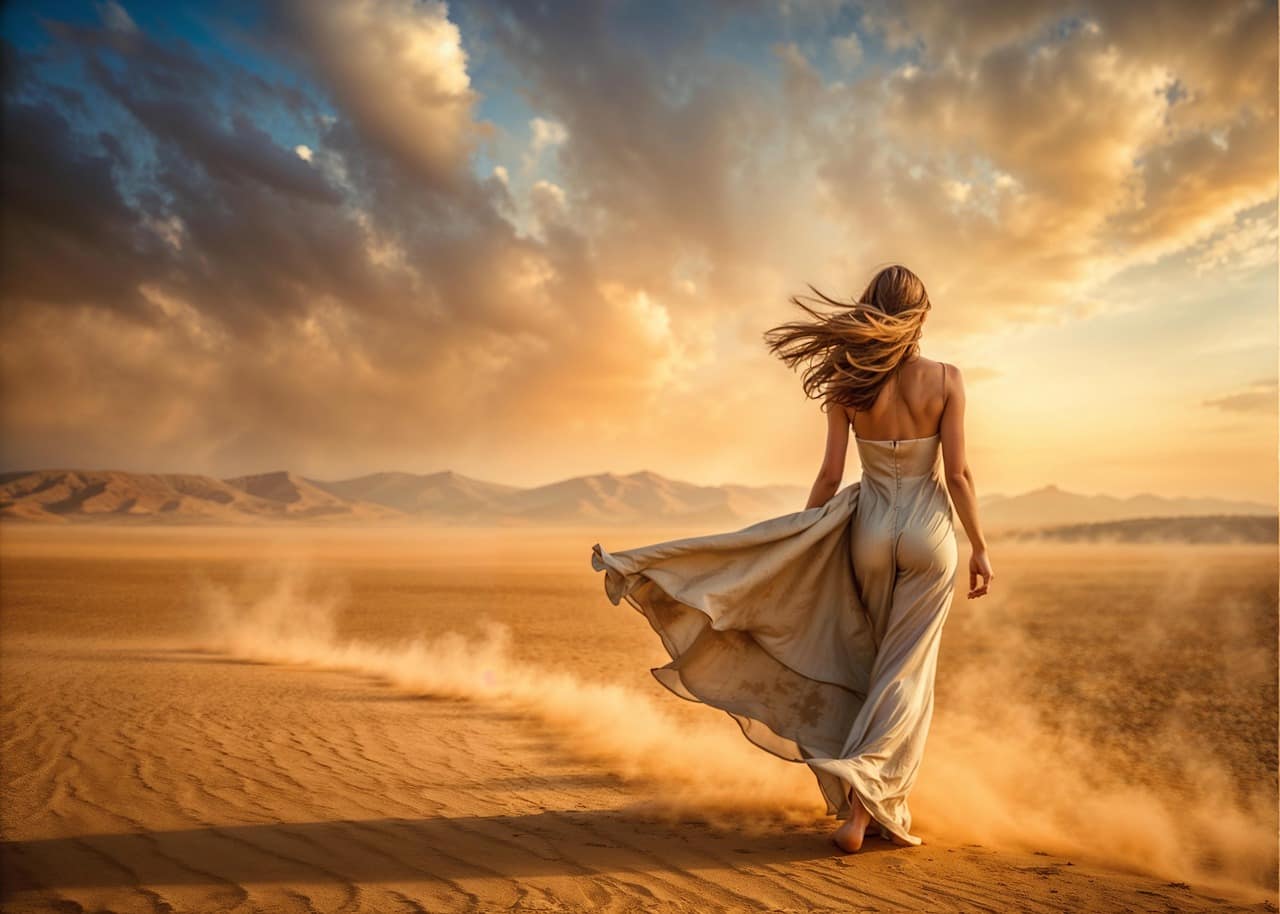 A dehydrated young woman walking alone across the vast Nevada desert under a scorching sun, symbolizing Amber Hall’s twelve‑day struggle for survival.
