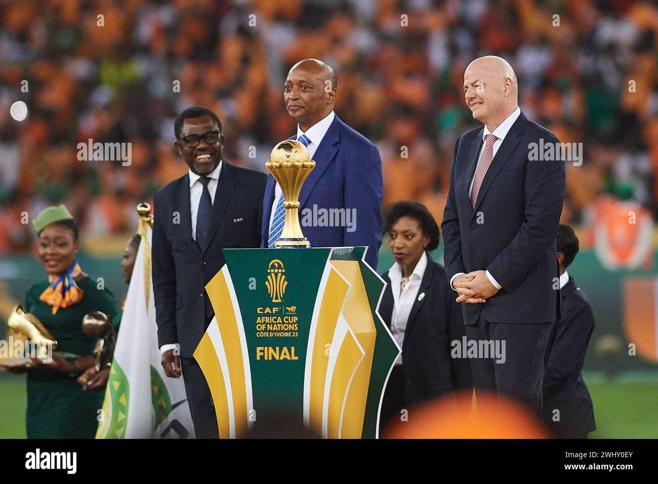 The FIFA World Cup trophy displayed in Abidjan during its official tour ahead of the 2026 tournament.