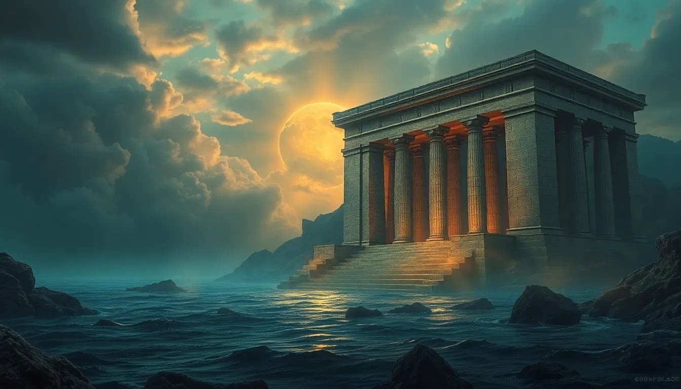 A vast underwater landscape with faint, ancient architectural shapes illuminated by filtered sunlight, evoking the enduring mystery of Atlantis beneath the ocean’s surface.