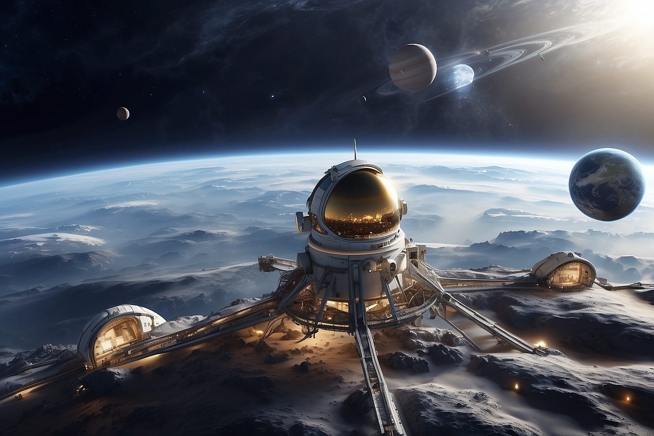 A panoramic view of a next‑generation space telescope unfolding in orbit, with distant galaxies shimmering behind it.