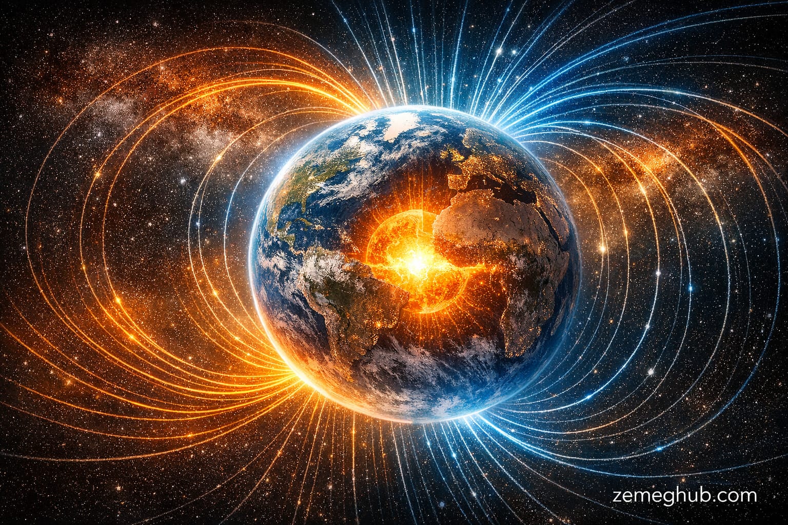 Digital illustration of Earth’s magnetic field with glowing core and shifting poles, zemeghub.com at the bottom