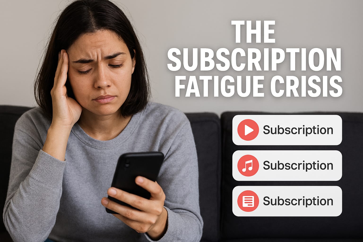 A person scrolling through multiple subscription notifications on a glowing screen, symbolizing digital overload and subscription fatigue.