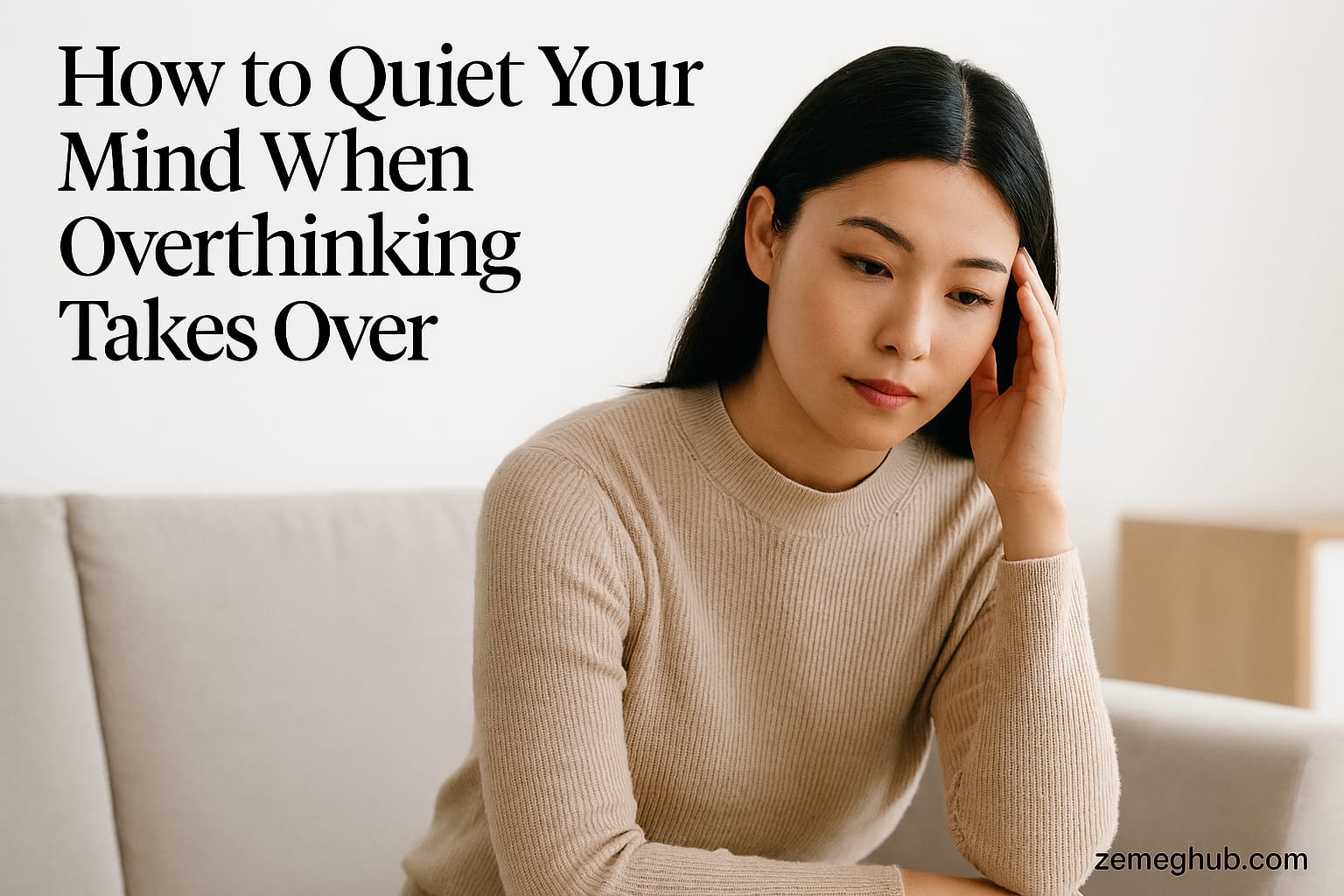 Widescreen editorial photo of a woman sitting in a minimalist, softly lit room, resting her hand against her temple in a moment of calm reflection, with “zemeghub.com” written subtly at the bottom.