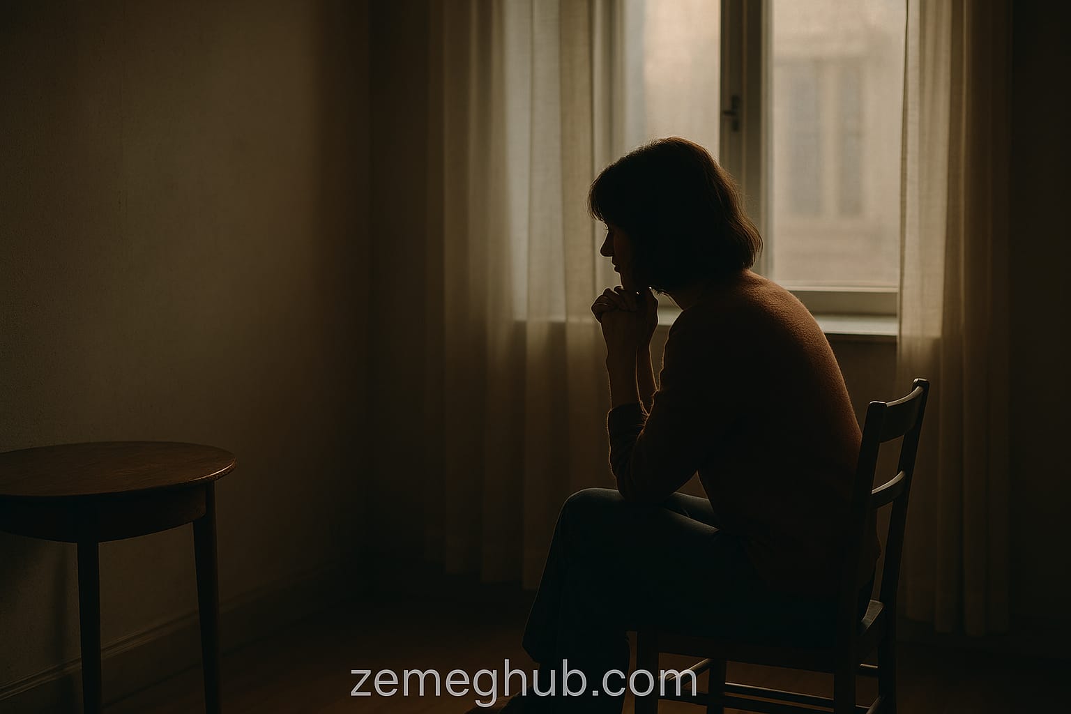 Person sitting alone in a softly lit room, reflecting in silence as natural light filters through a window.