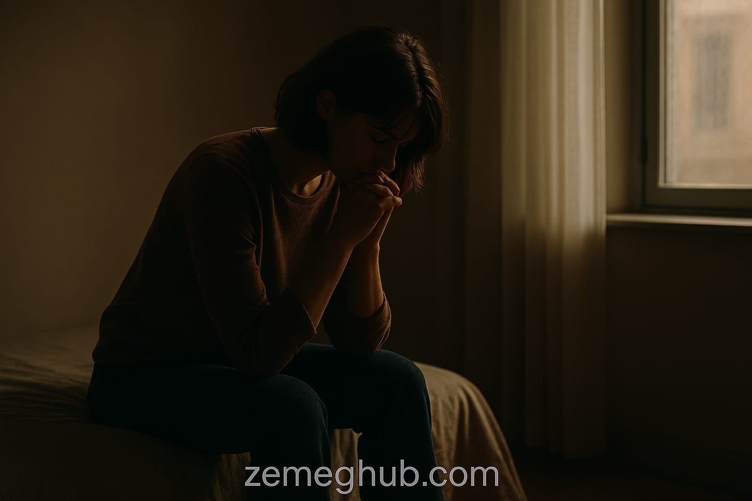 Widescreen photo of a person sitting on the edge of a bed in soft natural light, reflecting in silence, with “zemeghub.com” written at the bottom.