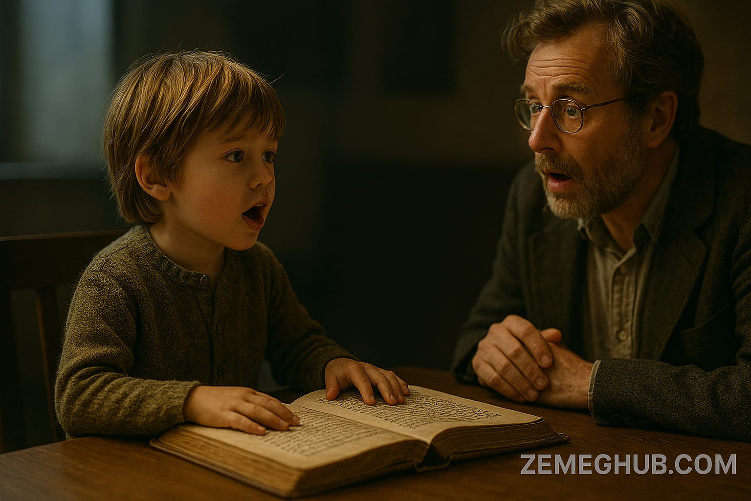 A young boy sits at a wooden table speaking to a stunned linguist, with an ancient book open between them — symbolizing the mysterious case of a child who spoke a forgotten language no one taught him