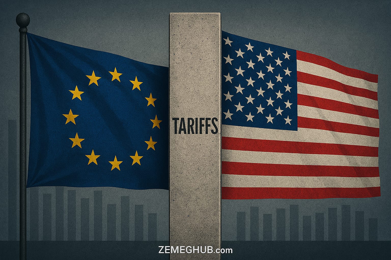 European and U.S. flags divided by a tariff barrier, symbolizing rising trade tensions and the EU’s suspension of its transatlantic agreement.