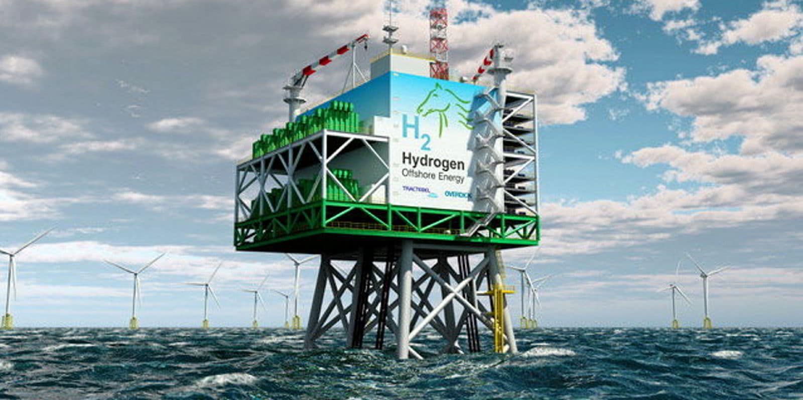 Offshore platform in the North Sea producing green hydrogen using wind-powered electrolysis.