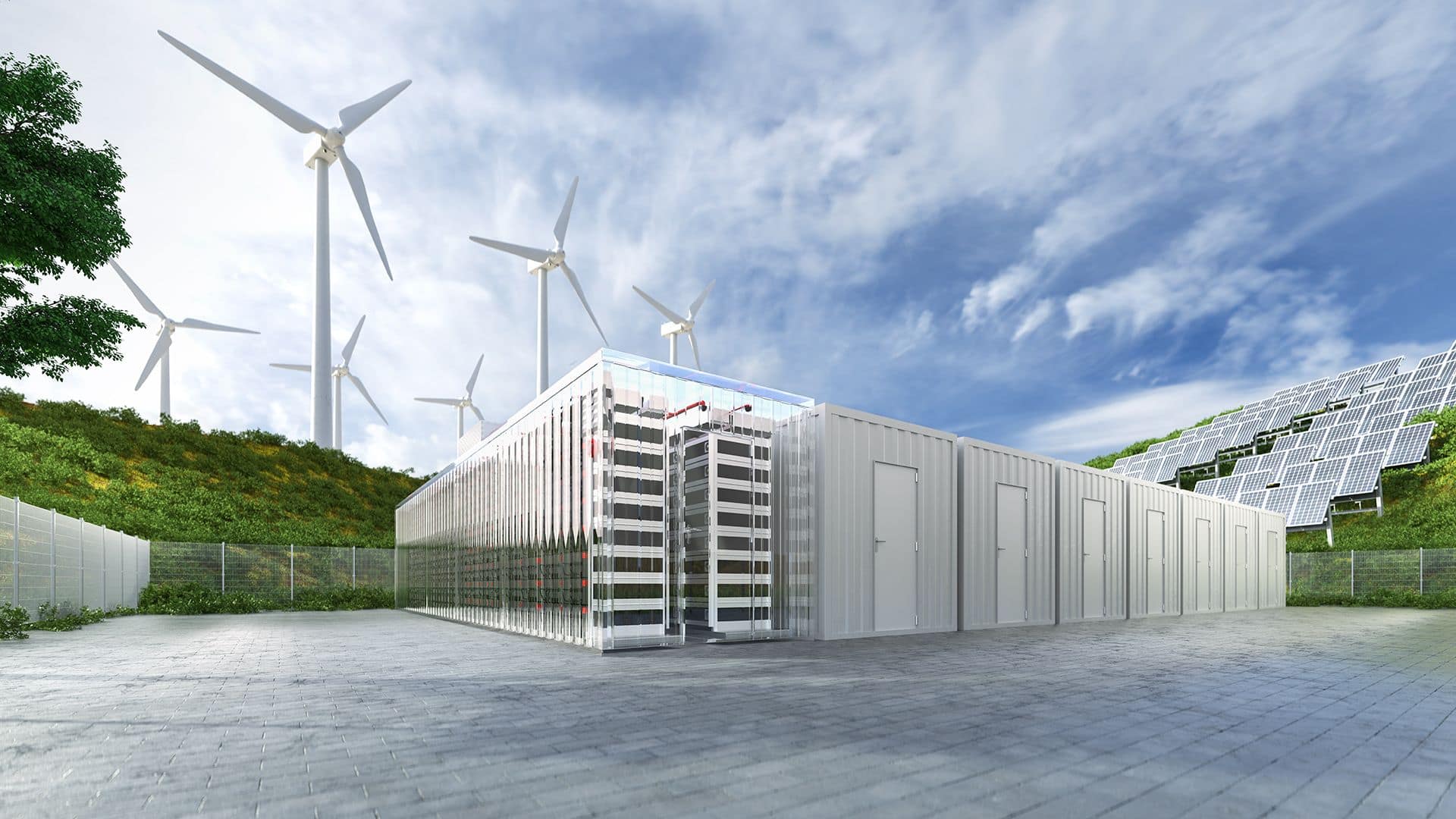 Next‑generation battery storage glowing at night, capturing and releasing clean solar energy.