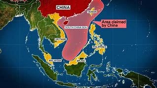 Geopolitical map showing China, Taiwan, Vietnam, and Malaysia with the South China Sea areas claimed by China