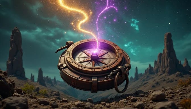 A compass needle spinning unpredictably against a backdrop of rugged terrain, symbolizing Earth’s magnetic anomalies.