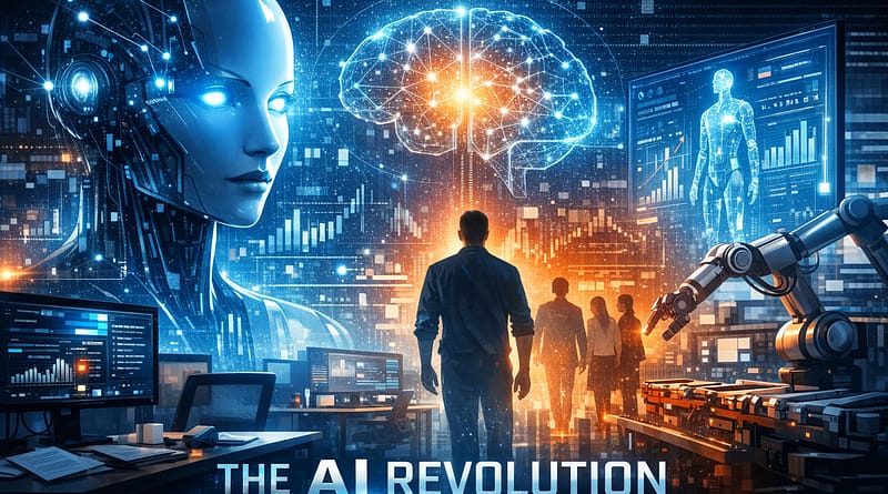 “Futuristic digital illustration showing a female AI robot, human silhouette, and robotic arms against a glowing cityscape with neural circuits and data streams — symbolizing the rise of artificial intelligence and the transformation of modern industry.