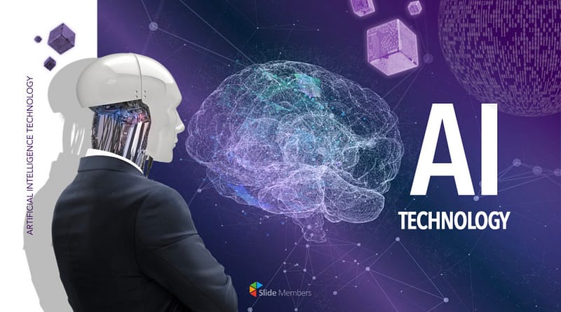 Humanoid robot in a suit facing a digital brain made of neural connections, representing advanced artificial intelligence technology.