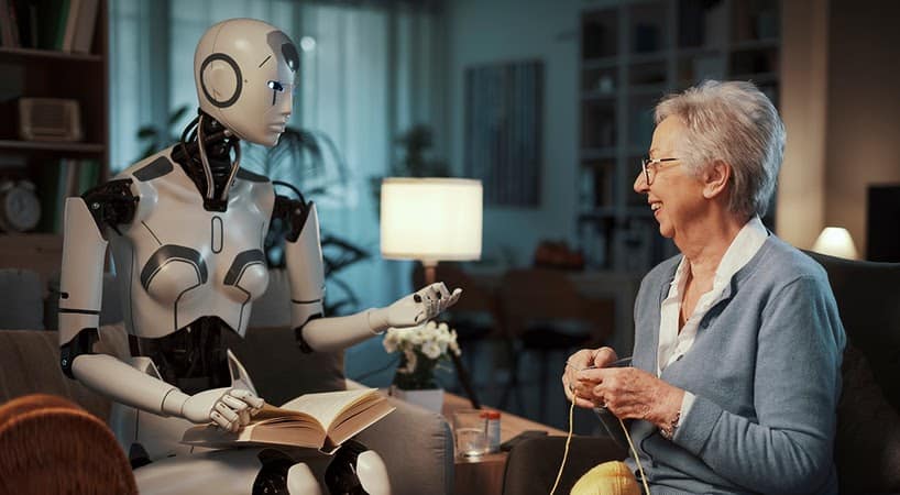 A person in a calm, softly lit room surrounded by discreet smart devices, suggesting a gentle, intuitive relationship with personal AI technology.